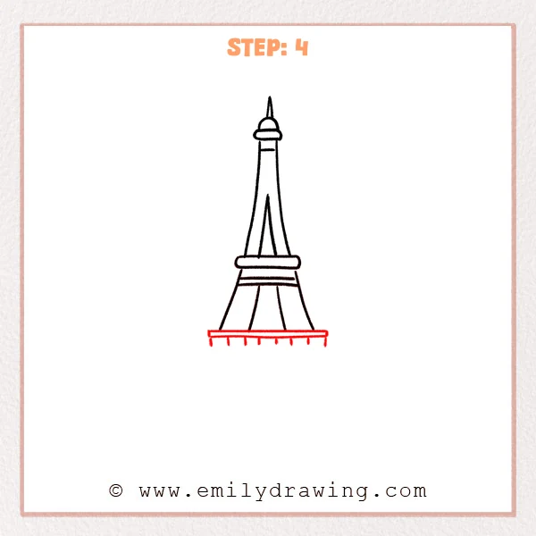 how to draw an eiffel tower - The Eiffel Tower drawing now has a long bottom platform with small vertical railing posts underneath.